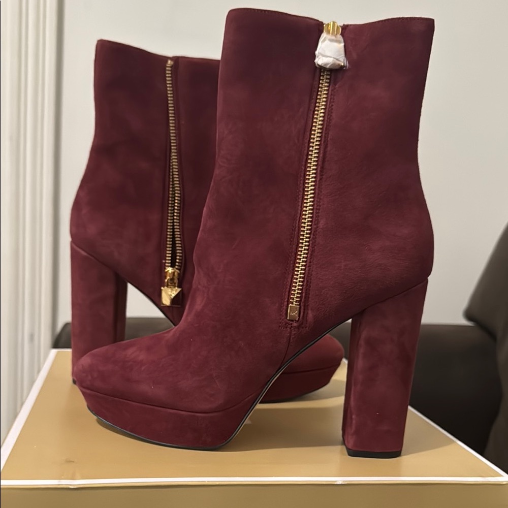 MICHAEL Michael Kors Red Heeled Boots with Gold Zippers